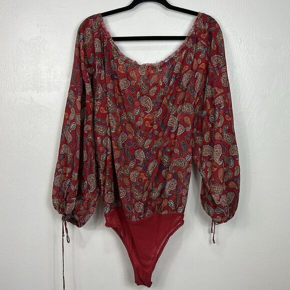 Free People Sundown Rust Red Paisley Print Off-the-Shoulder Bodysuit Size M - Picture 7 of 12